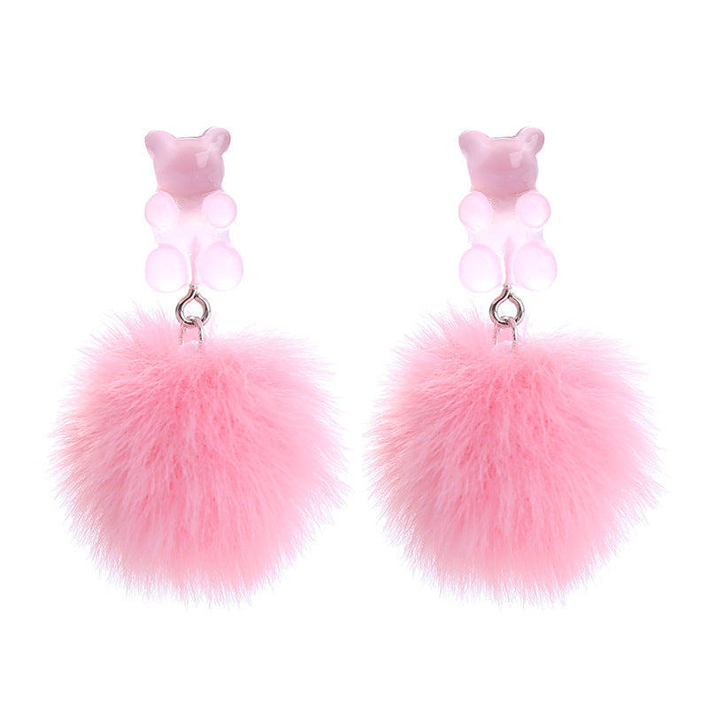Wholesale Bear Candy Color Fur Ball Earrings