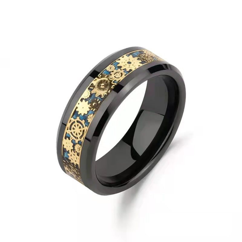 Wholesale Men's Stainless Steel Ring with Carbon Fiber Gear Titanium Steel Ring