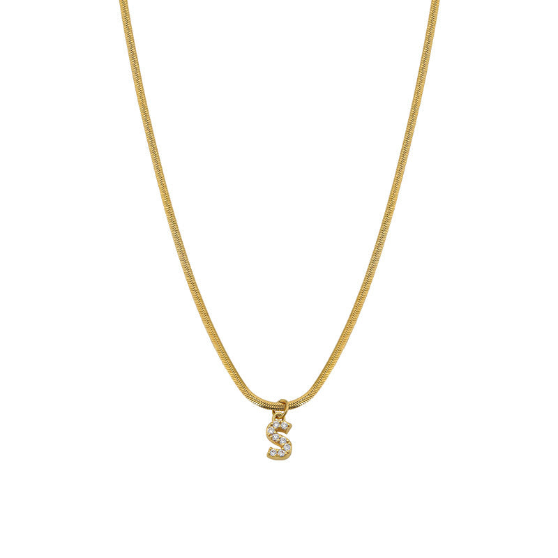 Wholesale French Retro Palace Style Flat Snake Bone Stacking Diamond 26 Letter Titanium Steel Clavicle Chain Necklace