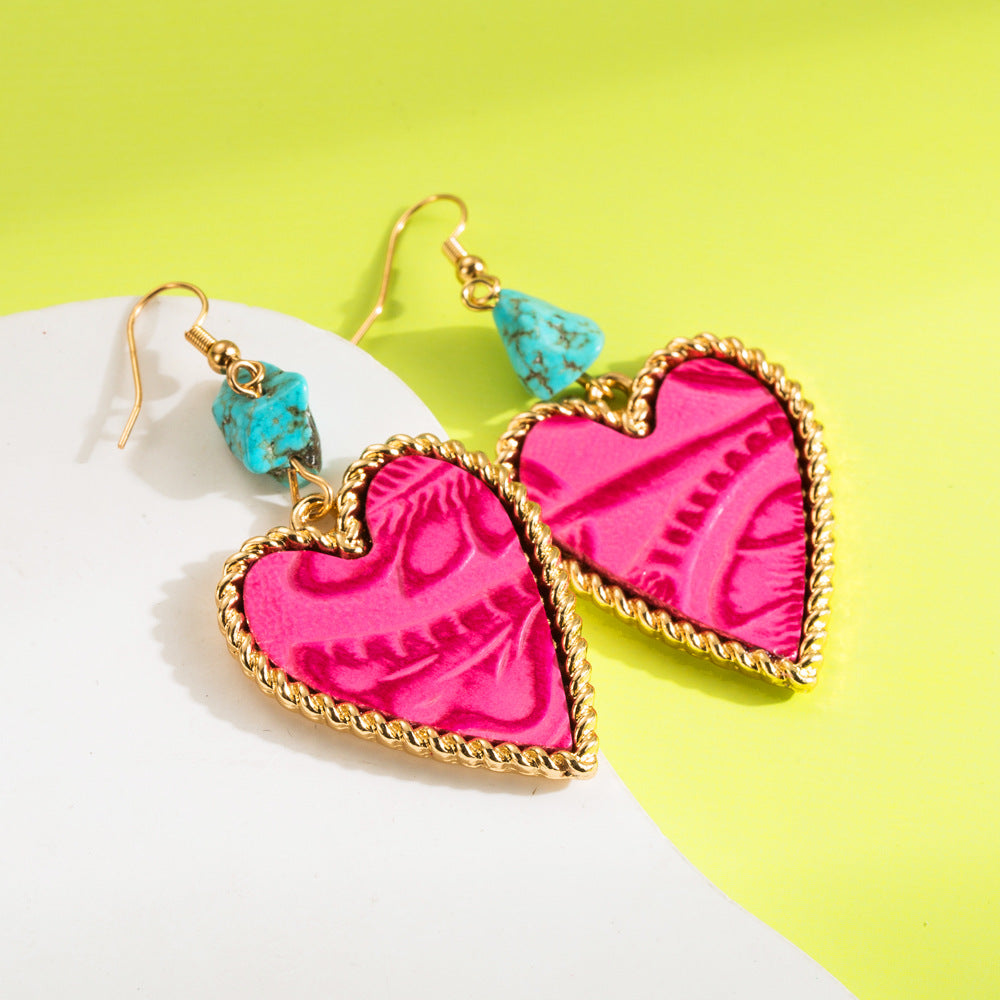 Wholesale Leather print and turquoise heart earrings