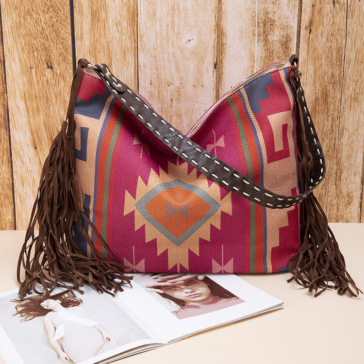 Wholesale Canvas Aztec Pattern Retro Handwoven Tassel Cotton Linen Shoulder Bag