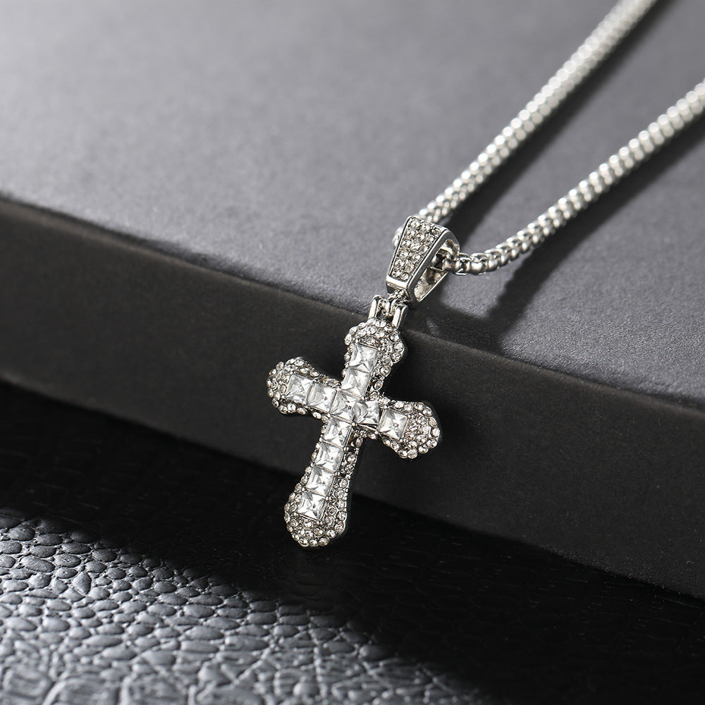 Wholesale Full diamond cross pendant sweater necklace