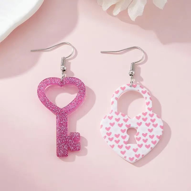 Wholesale  Valentine' s Day Acrylic  Heart-shaped Key Lock Buckle Earrings