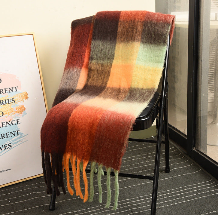 Wholesale Winter Ac Double Sided Rainbow Plaid Long Color Block Tassel Polyester Scarf