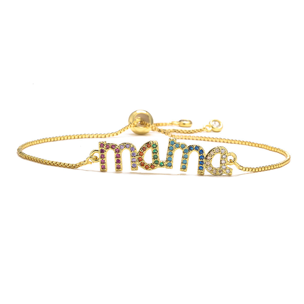 Wholesale Mother's Day Copper Pull Adjustable Gold Color Zirconium MAMA Bracelet