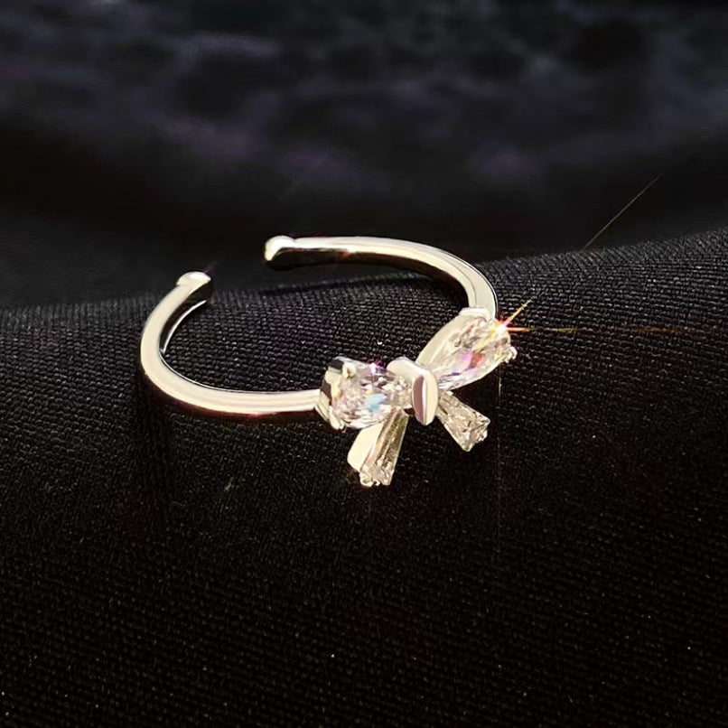Wholesale Vintage Metal Bow Ring Micro-Inlaid Pink Zirconia Open Ring