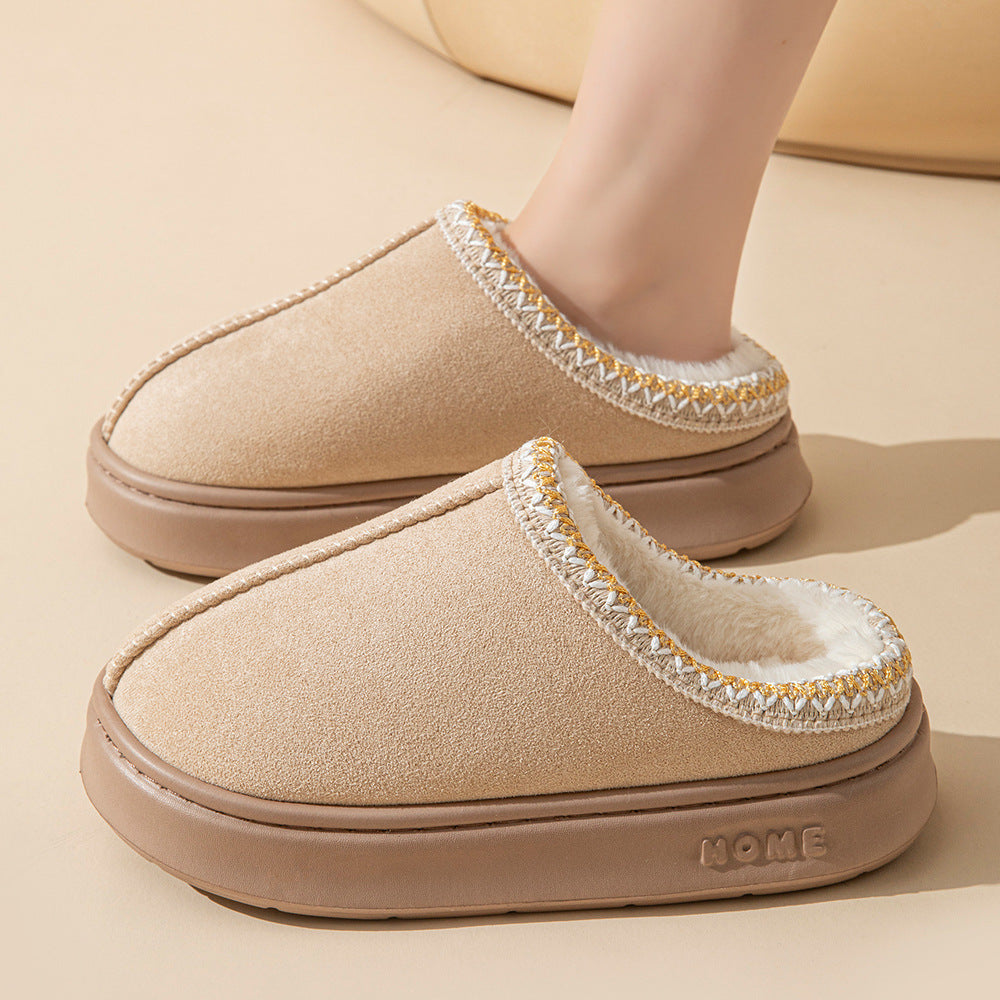 Wholesale Solid Color Imitation Deer Skin Velvet Splicing Home Thick Bottom Anti Slip Lightweight Warm Slippers