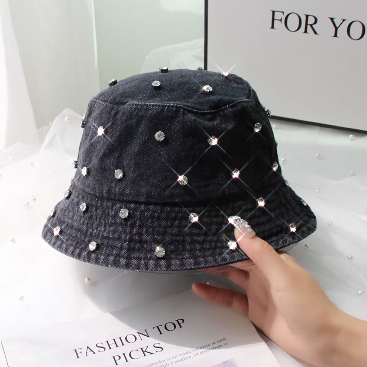 Wholesale Washed Denim Sun Protection Fisherman Hat with Rhinestones