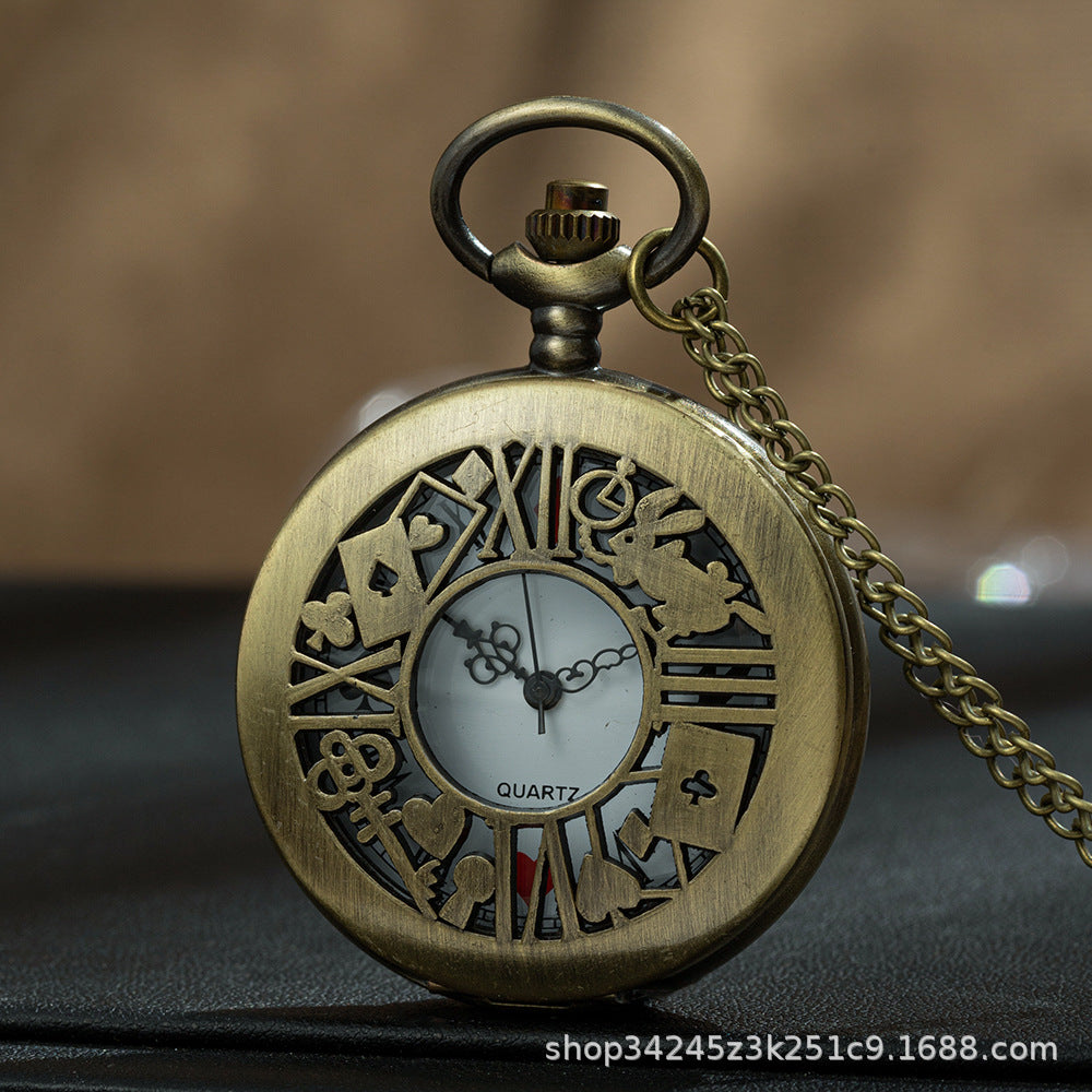 Wholesale Blue antique silver hollowed out flower rabbit poker pocket watch OLY Exclusive