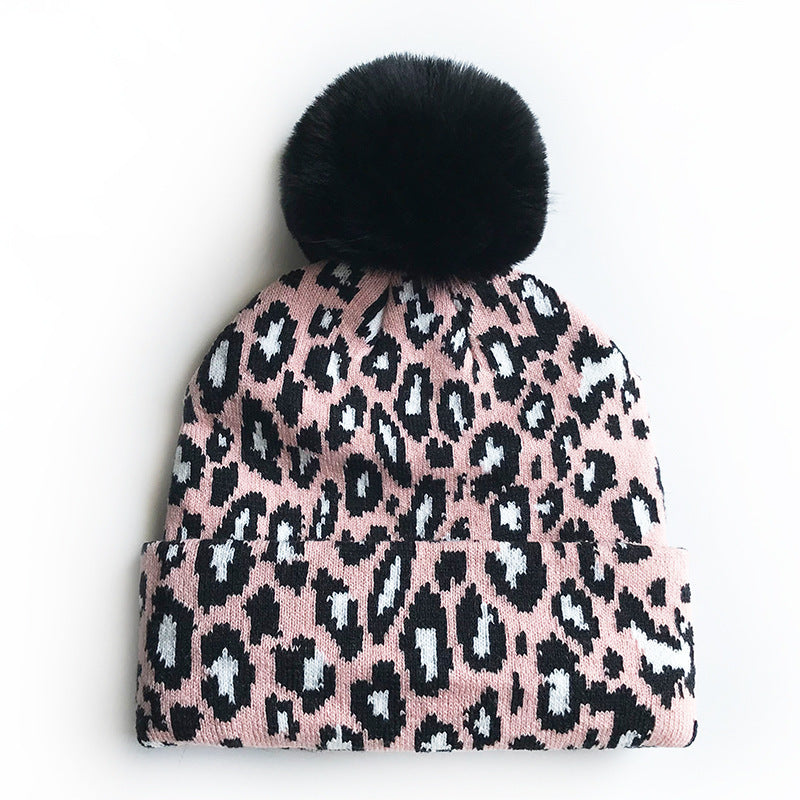 Wholesale Autumn and Winter Warm Double-layer Leopard Print Large Wool Ball Knitted Hats