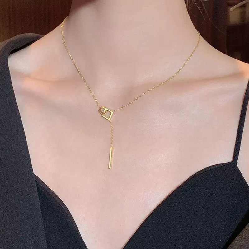 Wholesale Simple Temperament Square Geometric Tassel Titanium Steel Necklace