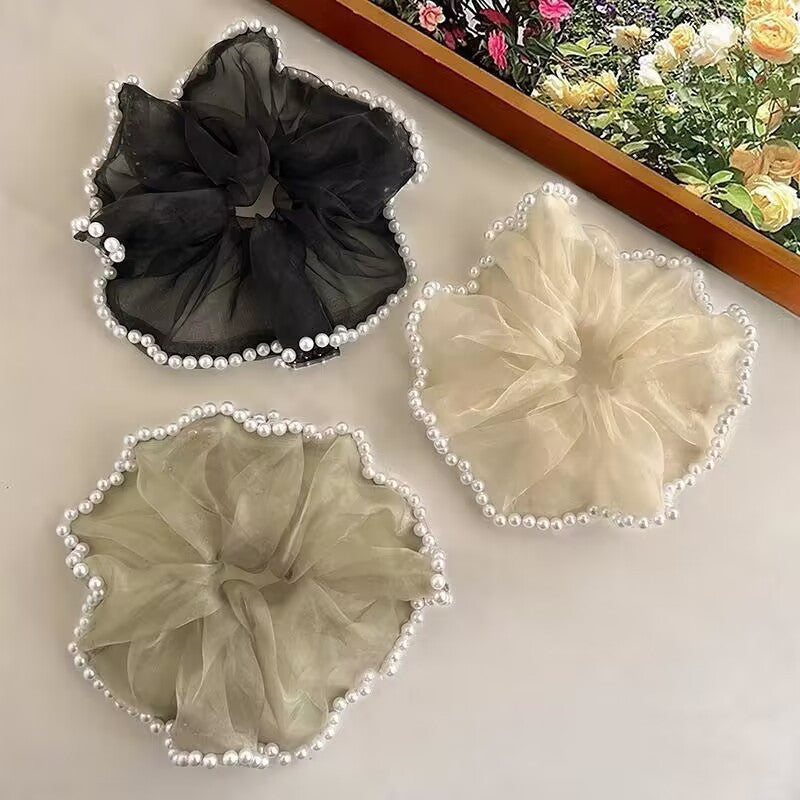 Wholesale Transparent Pearl Mesh Hair Scrunchies