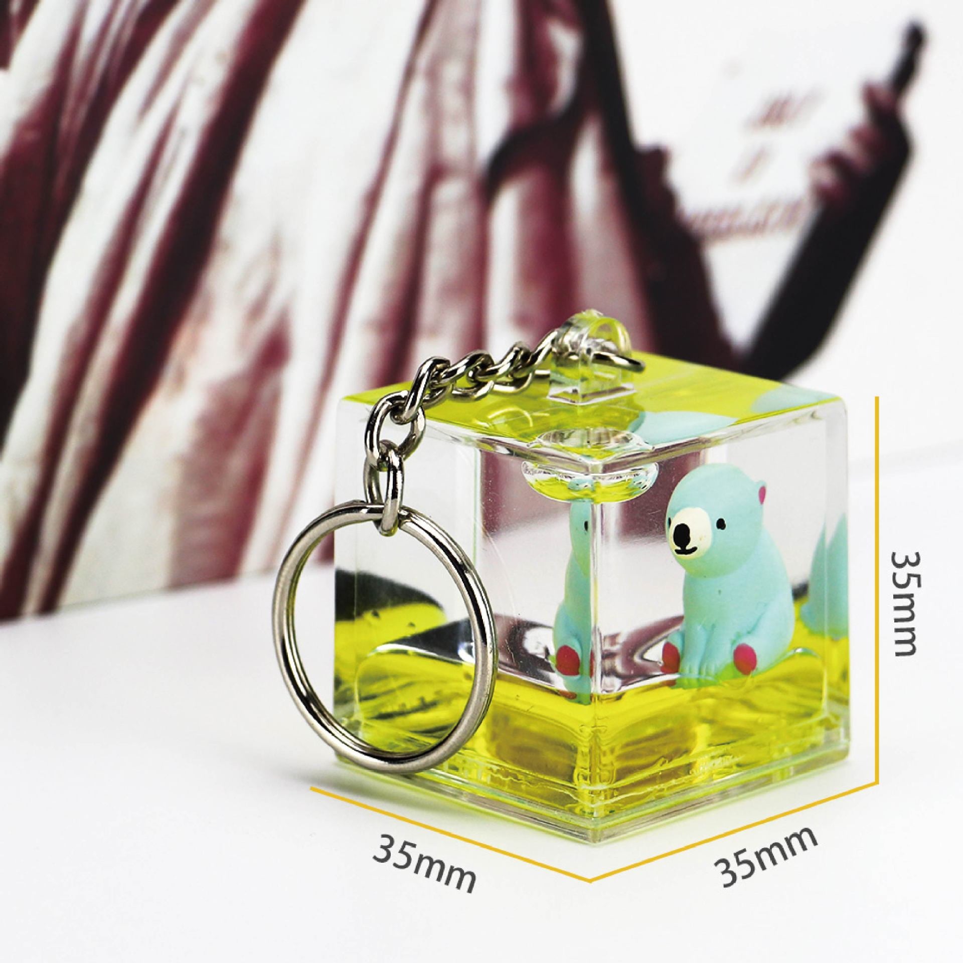 Wholesale Cube Shaped Acrylic Oiled Quicksand Keychain