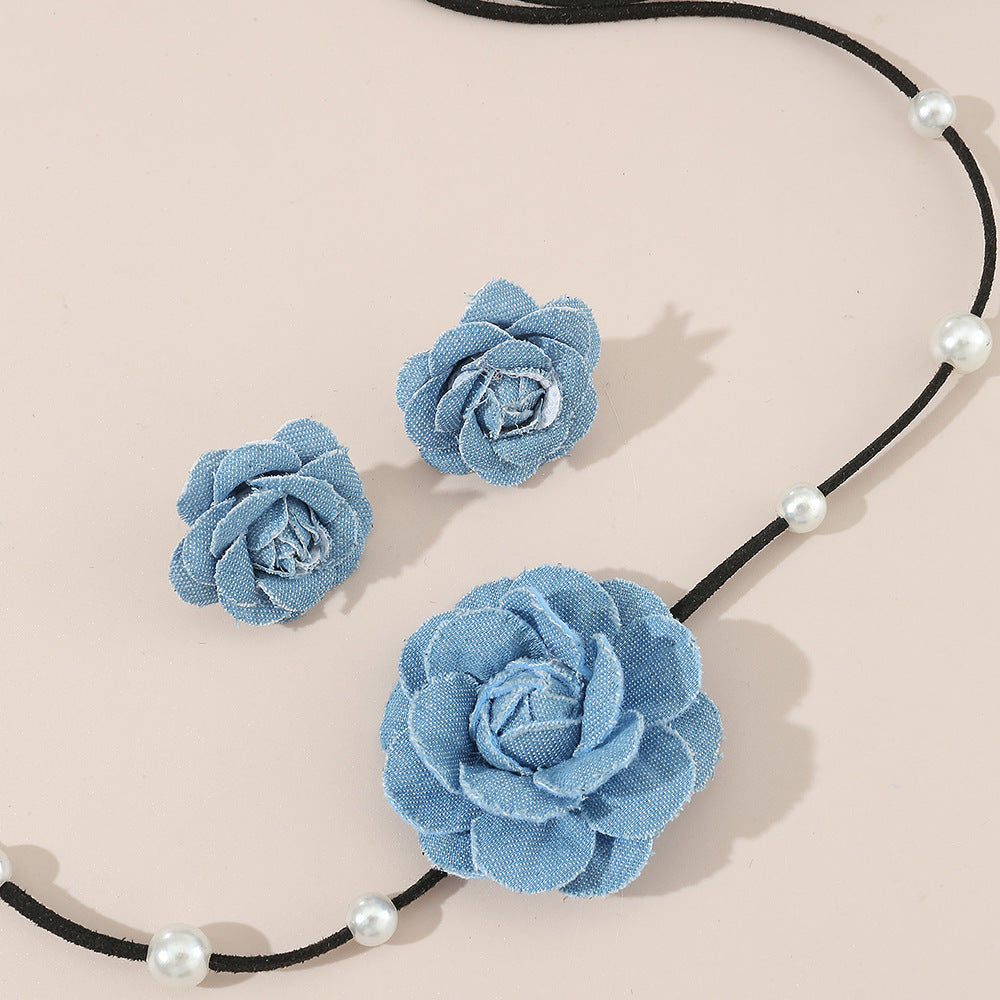 Wholesale Denim Camellia Beaded Strap Necklace Earrings Set
