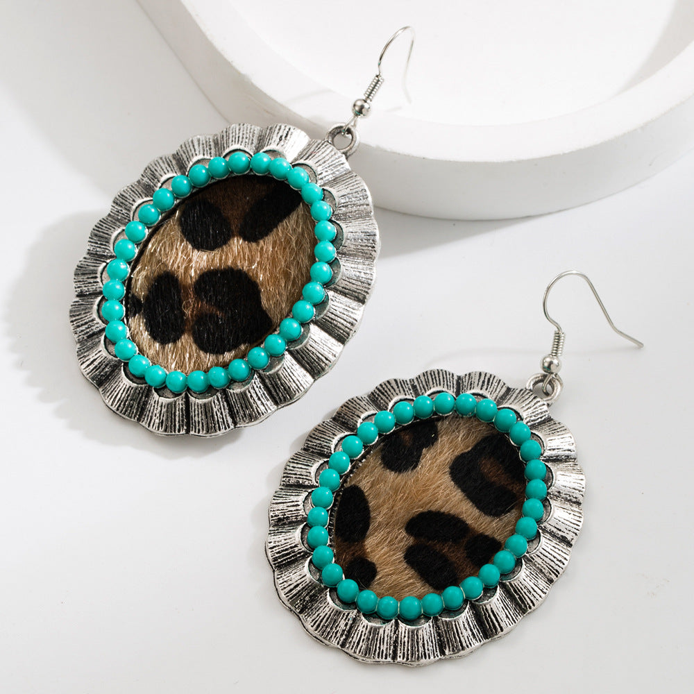 Wholesale Fashion Retro Bohemian Turquoise Leopard Ethnic Style Long Earrings