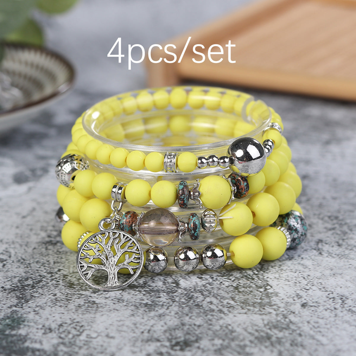 Wholesale Life Tree Demon Eye Multi Layered Pendant Glass Elastic Bracelet