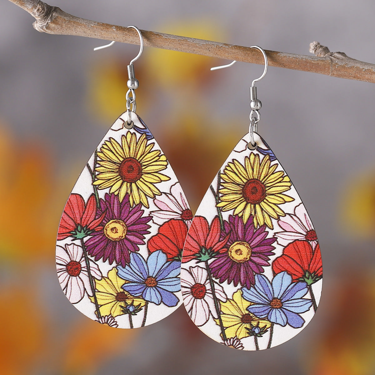 Wholesale Creative sunflower earrings double-sided wooden water drop earrings personality earrings