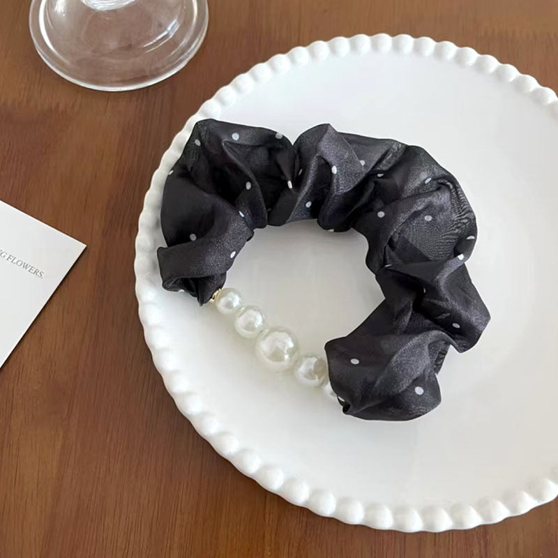 Wholesale  Satin Tulle Polka Dot Pleated  Pearl  Hair Scrunchie