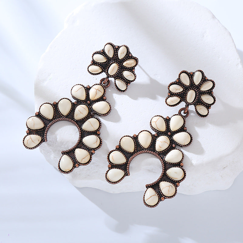 Wholesale Exaggerated retro fan-shaped turquoise hollow earrings