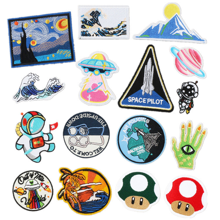 Wholesale Modern Iron On Embroidered Patch Set Astronaut Spaceship Cartoon Mushroom Designs Trendy Clothing Accessory For Gift Resale