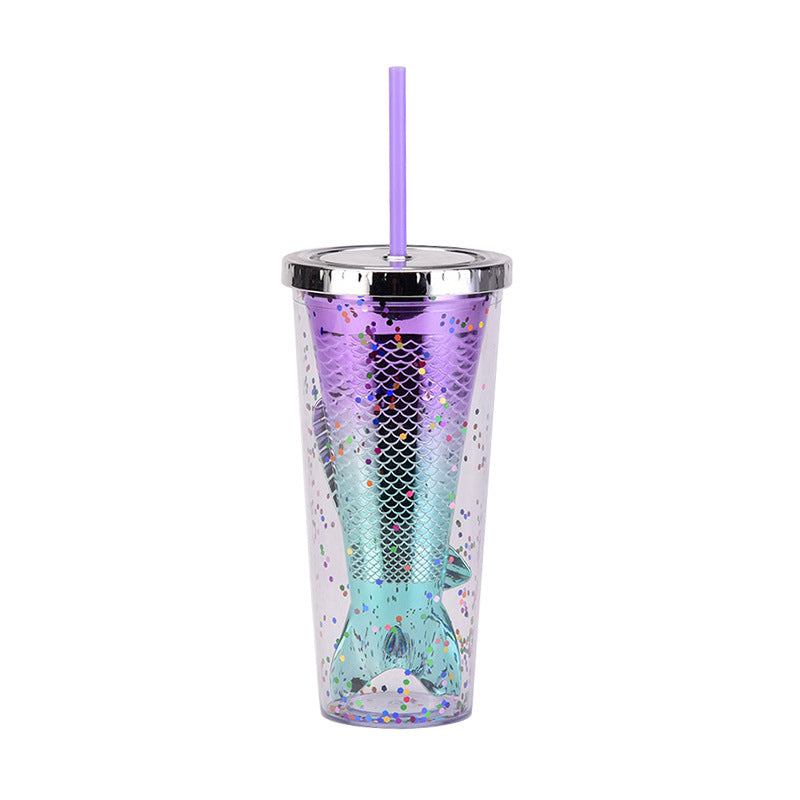 Wholesale Double-layer Plastic Cup Creative Gradient Mermaid Tail Colorful Sequin Straw Water Cup