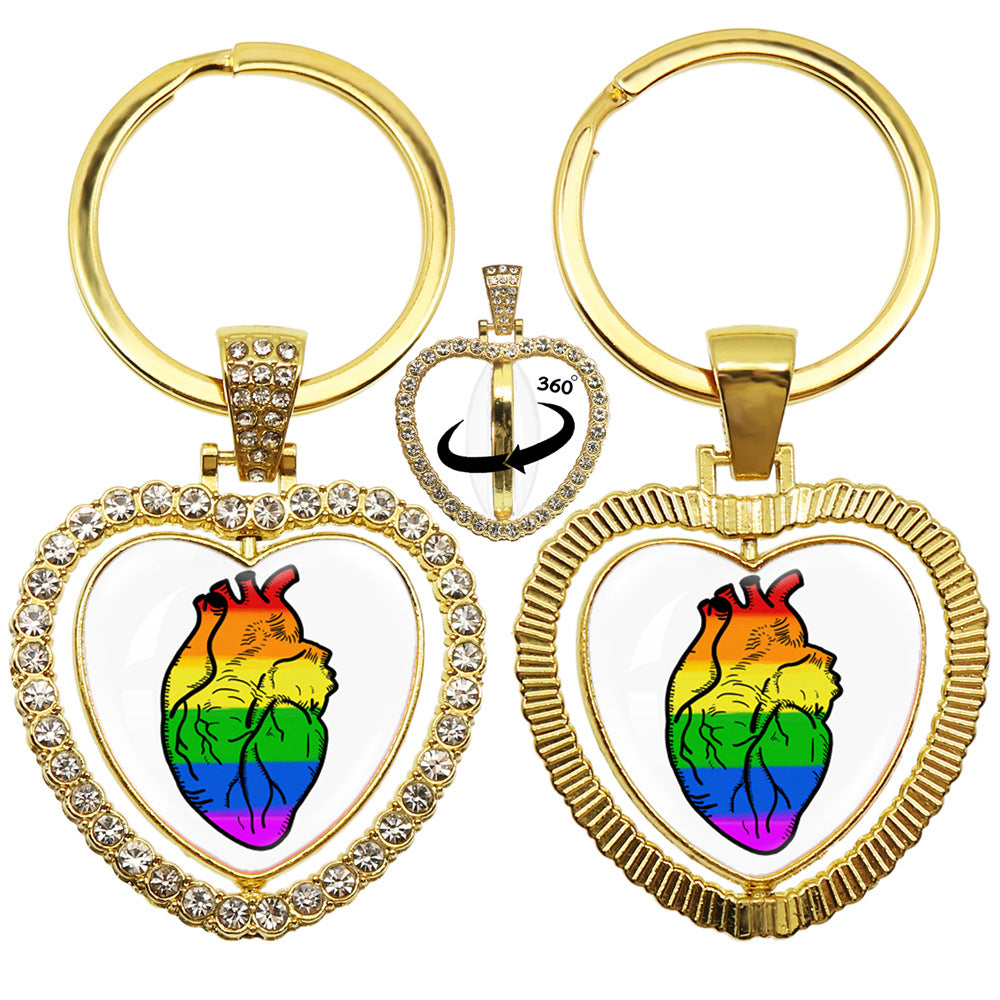 Wholesale LGBT Rainbow Rhinestone Heart Shaped 360 Degree Rotating Double Sided Metal Keychain