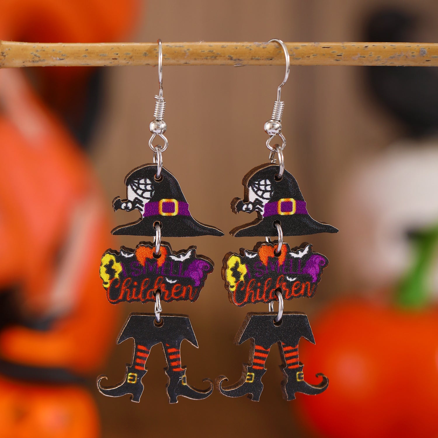 Wholesale Halloween Printed Colorful Pumpkin Skull Ghost Gift Creative Splicing Wooden Earrings