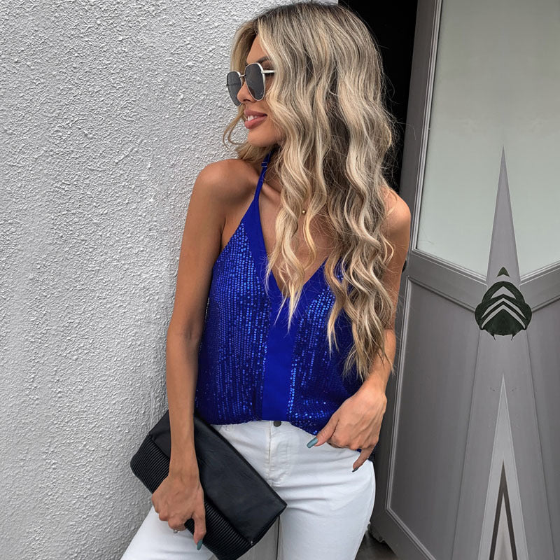 Wholesale Polyester Sequin Camisole V-neck Sleeveless Top