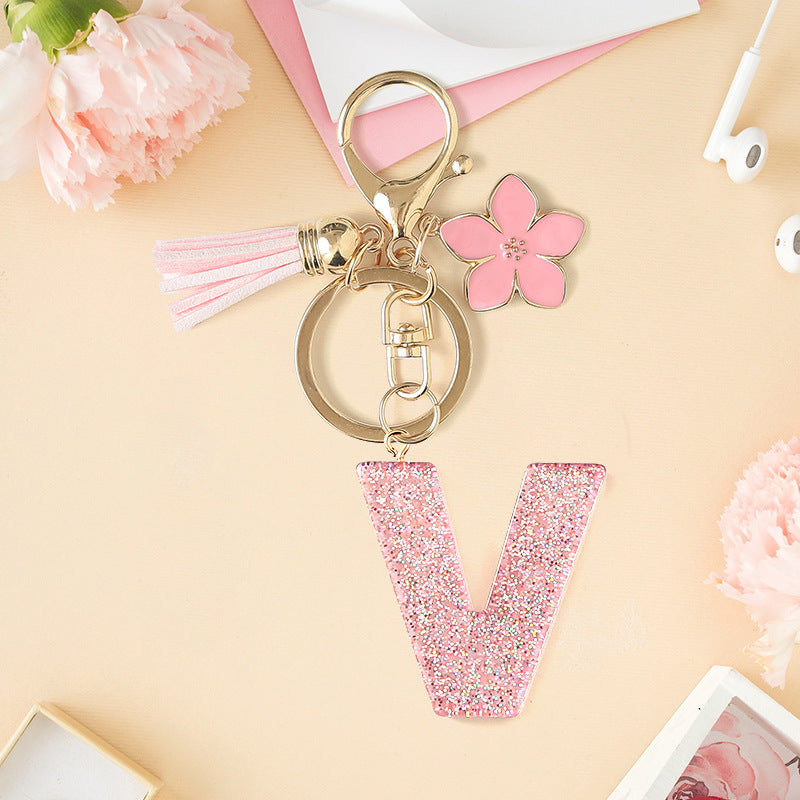 Wholesale Pink 26 letter Sparkling Pink Flower Tassel Keychain
