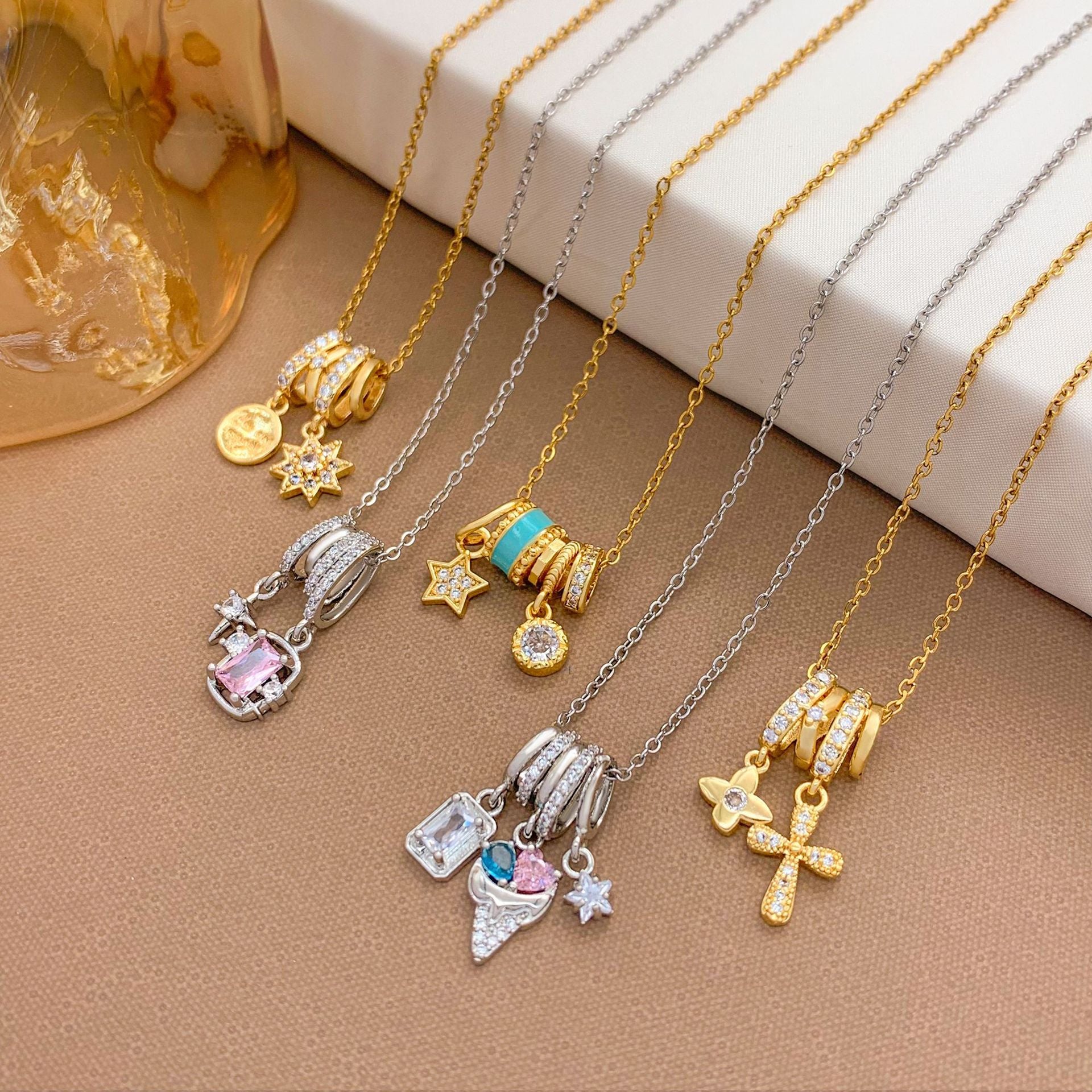 Wholesale Square Ice Cream Color Titanium Steel Necklace Luxury Micro-Paved Zircon Temperament  Accessory