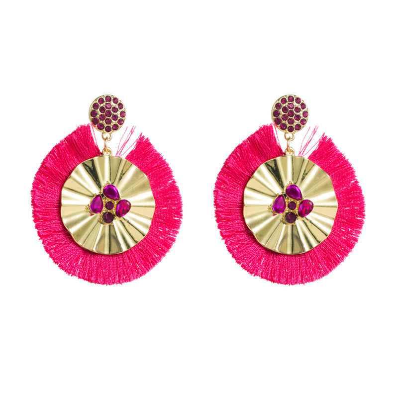 Wholesale Fashion Tassel Inlaid Colorful Rhinestone Hoop Earrings