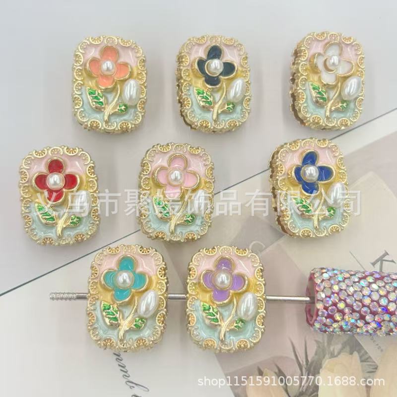 Wholesale 10pcs Oil painting style  flowers pearls beads