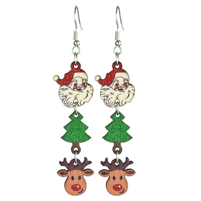 Wholesale 2pairs/pack Christmas Wooden Gingerbread Man Christmas Tree Snowman Atmosphere Fawn Drop Earrings