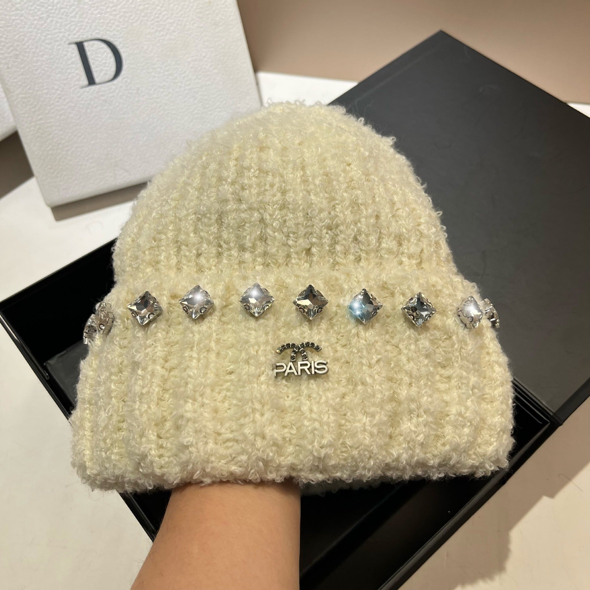Wholesale Thick Warm Teddy Curl Cute Rhinestone Knitted Hat