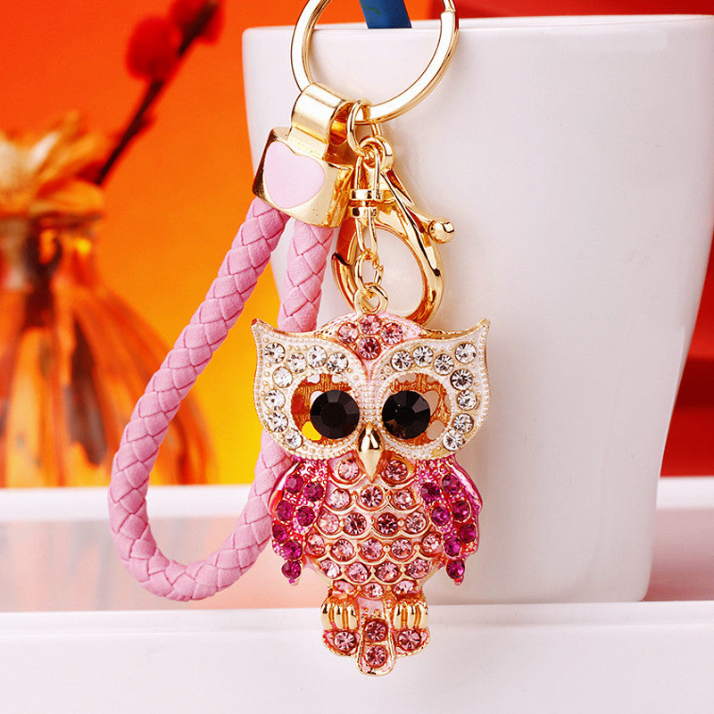 Wholesale Pink Rhinestone Owl Car Keychain Metal Key Ring Bag Charm Fashion Accessory Gift
