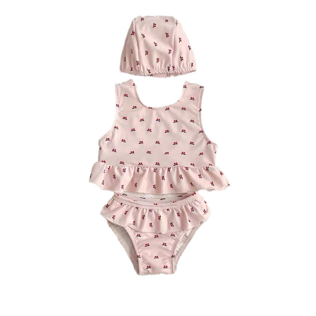 Wholesale Girls swimsuit cute cherry print swimsuit split three piece set