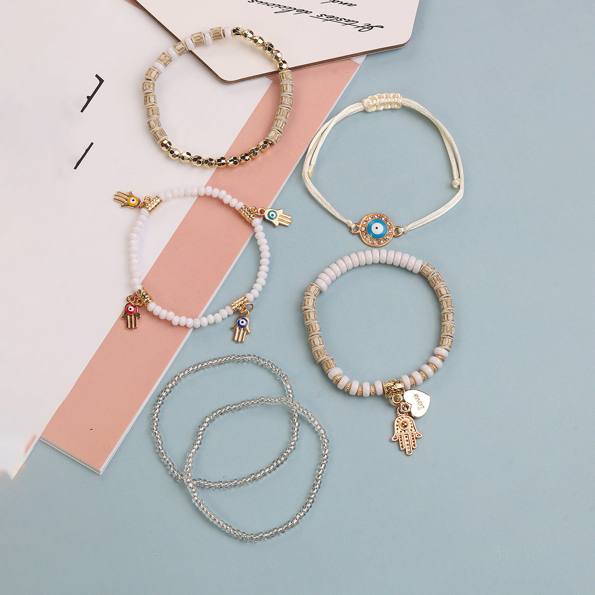 Wholesale Bohemian Devil' s Eye Palm Love Multi layer Elastic Rope Bracelet