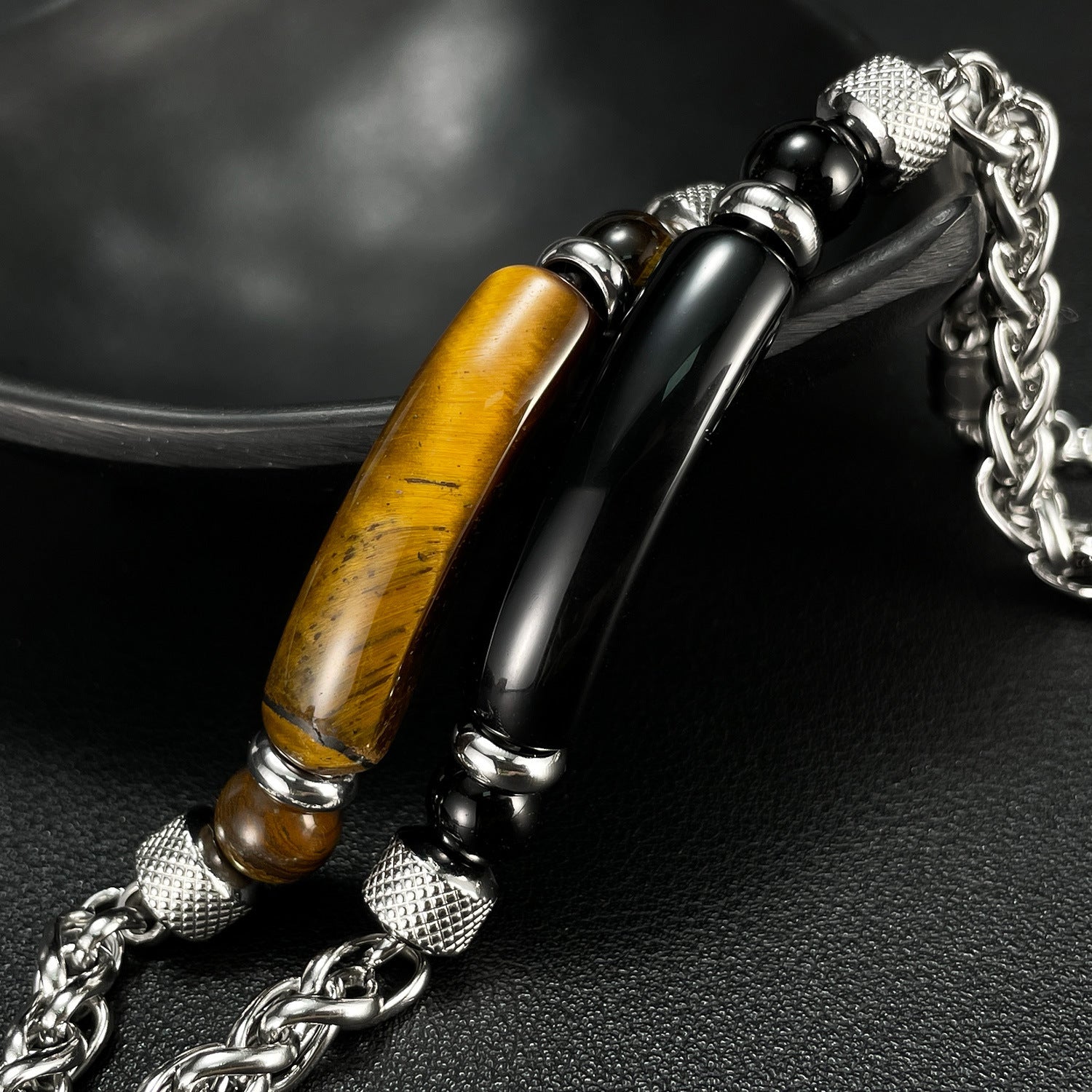Wholesale Stainless steel titanium steel tiger eye stone fashion retro chain splicing men's bracelet