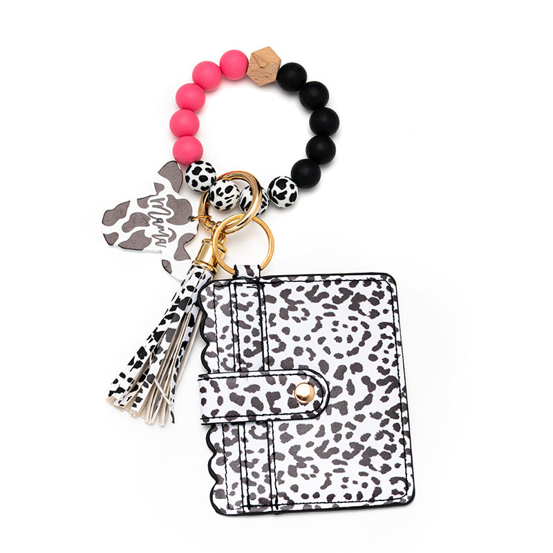 Wholesale Leopard Print Card Holder Silicone Beaded Wrist Keychain