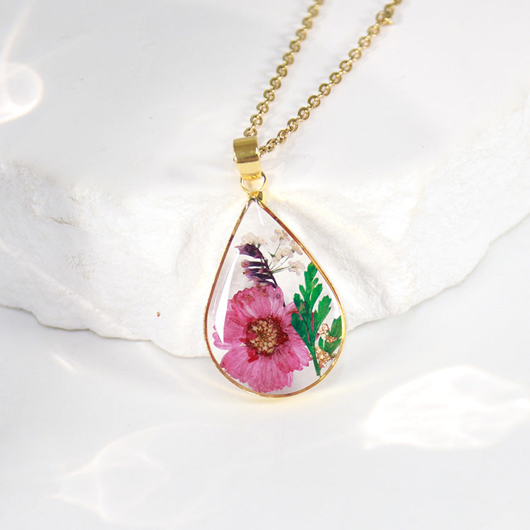 Wholesale 6pcs Golden Water Drop Month Flower Series Plant Specimen Necklace