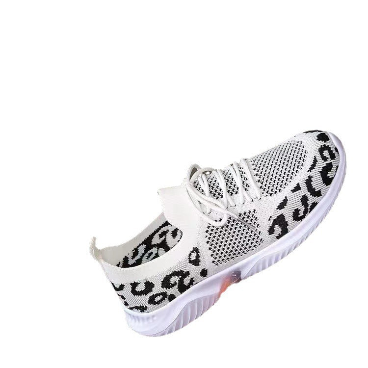 Wholesale Leopard Pattern Round Head Lace Up Flat Bottom Comfortable Mesh Women's Shoes