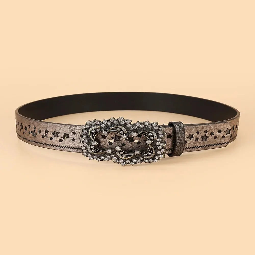 Wholesale Vintage rhinestone five-pointed star embossed engraved belt