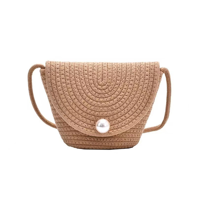 Wholesale Slung Bright Imitation Pearl Flip Cotton Woven Bag Holiday Beach Bag