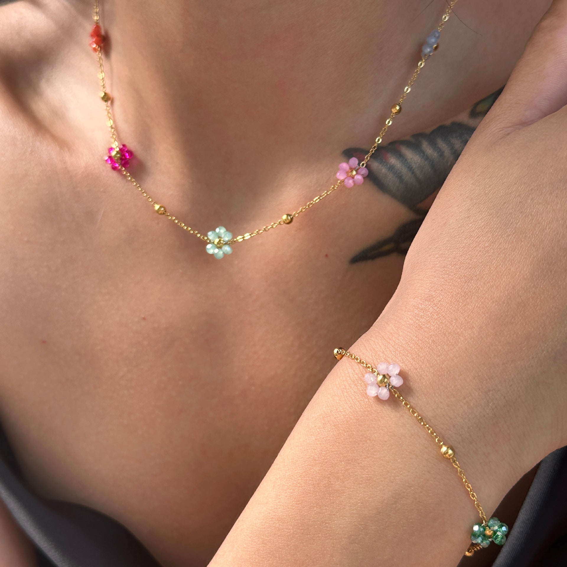 Wholesale Titanium Steel Colorful Pink Flower Necklace Waist Chain Anklet Set