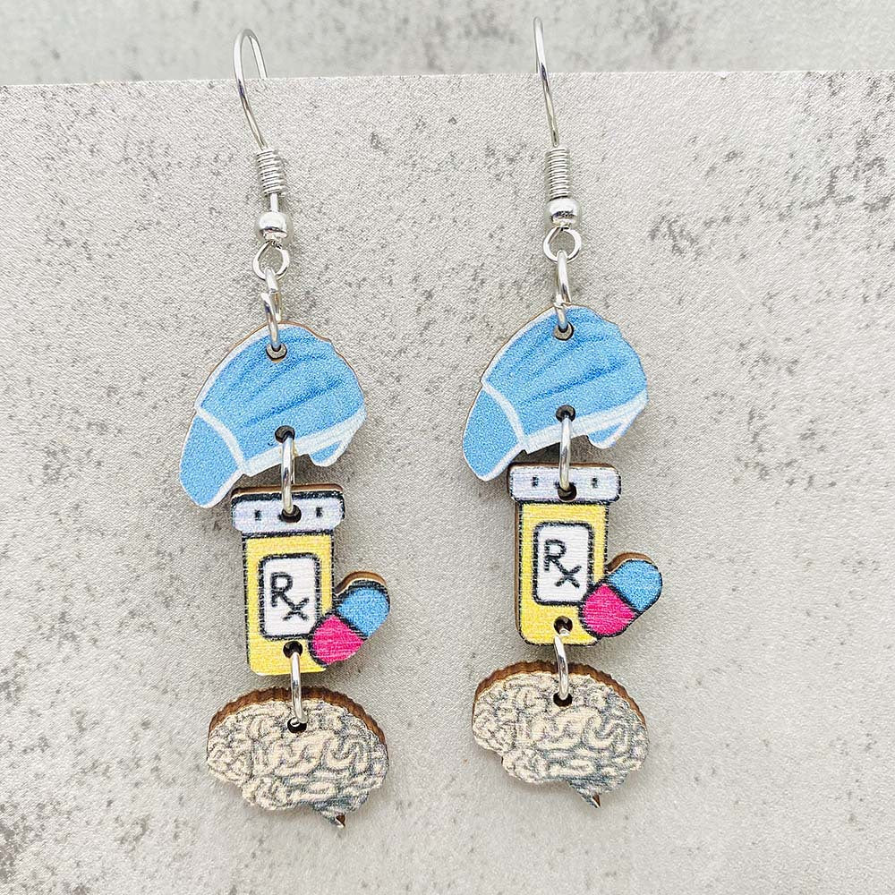 Wholesale Nurse Day Earrings Nurse Uniform Stethoscope Love Pill Wooden Earrings