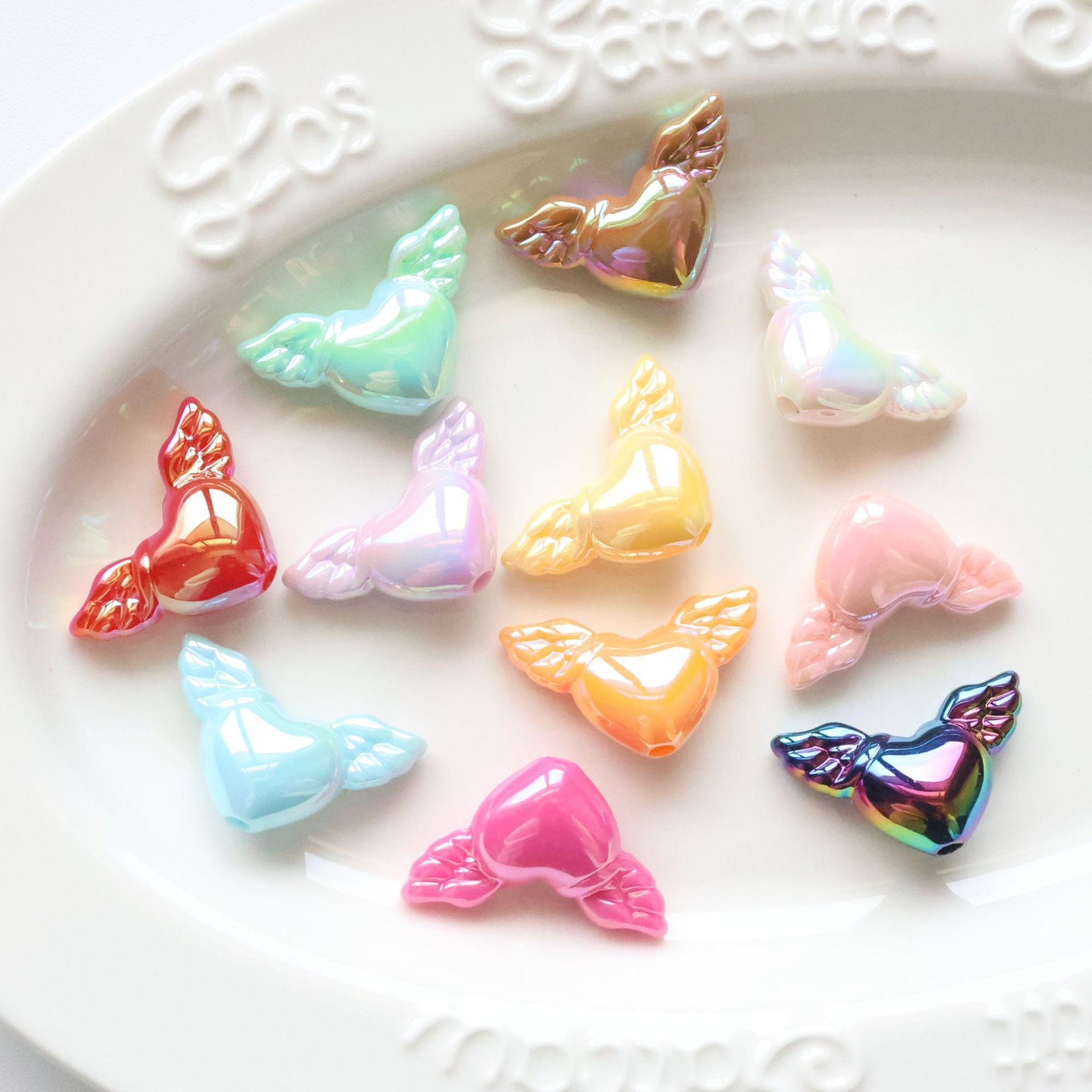 Wholesale 10pcs Colorful UV acrylic angel wings heart DIY Beads
