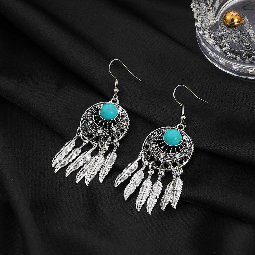 Wholesale Leaf Metal Dream Catcher Feather Tassel Alloy Earrings