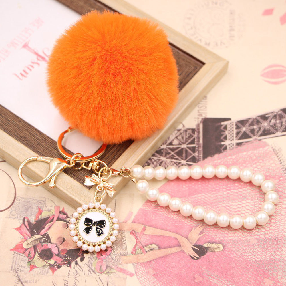 Wholesale Imitation Rex Rabbit Fur Ball Pearl Chain Bow Plush Ball Keychain