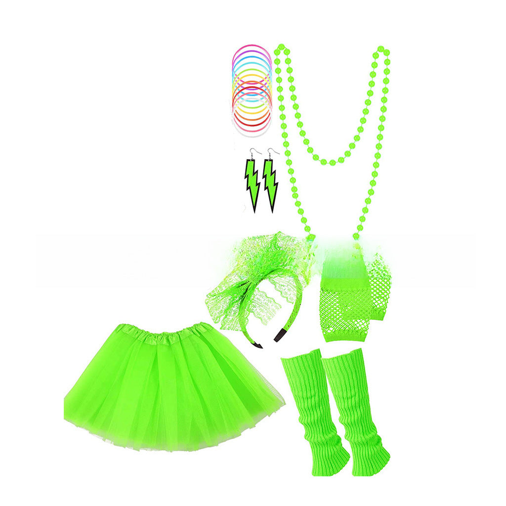 Wholesale 80s Neon Theme Ball Party Accessories Lace Bow Tie Necklace Lightning Earrings Tulle Skirt Suit