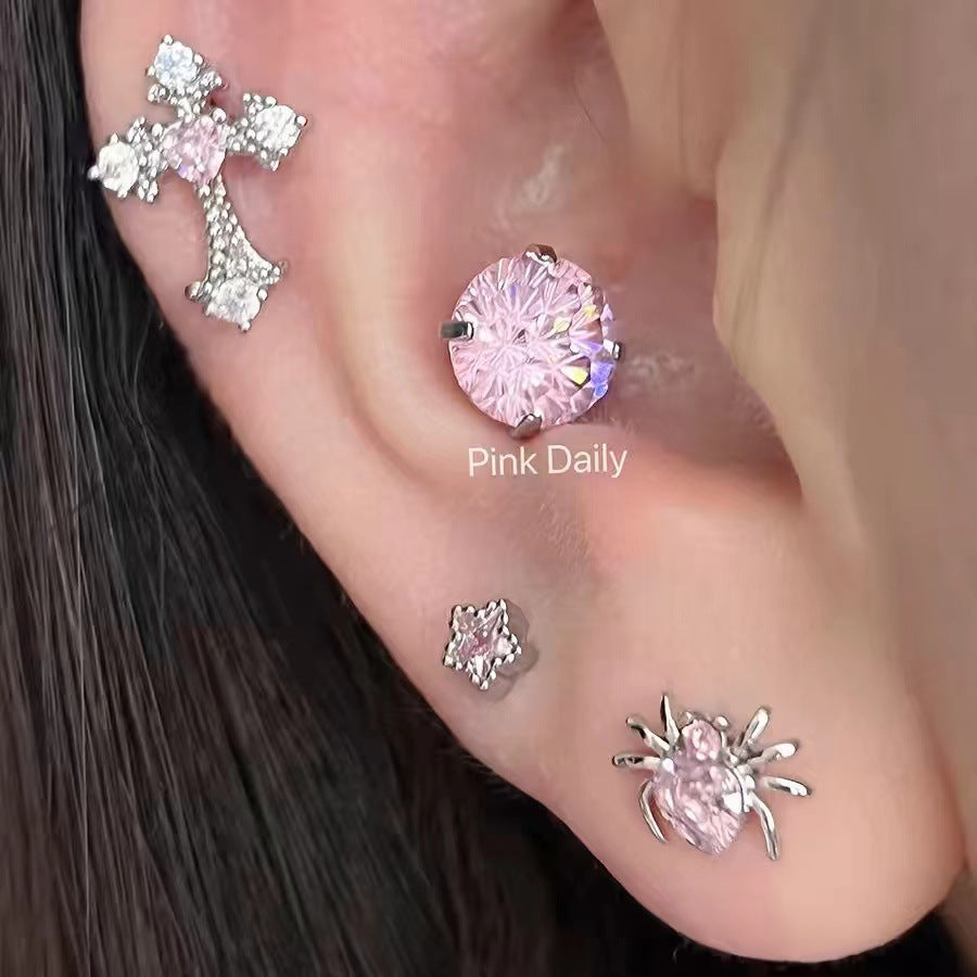 Wholesale Pink zircon cross ear bone studs titanium steel butterfly earrings